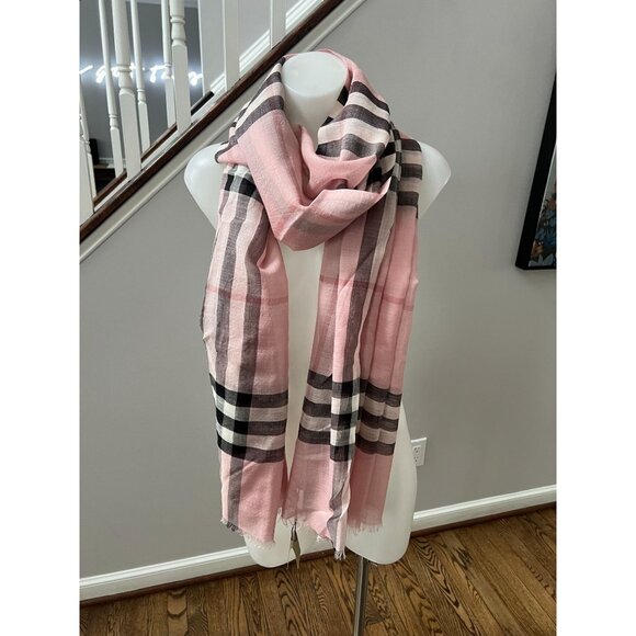 NEW BURBERRY Giant Check Wool Silk Gauze Scarf Ash Rose 220x70cm - Picture 1 of 13